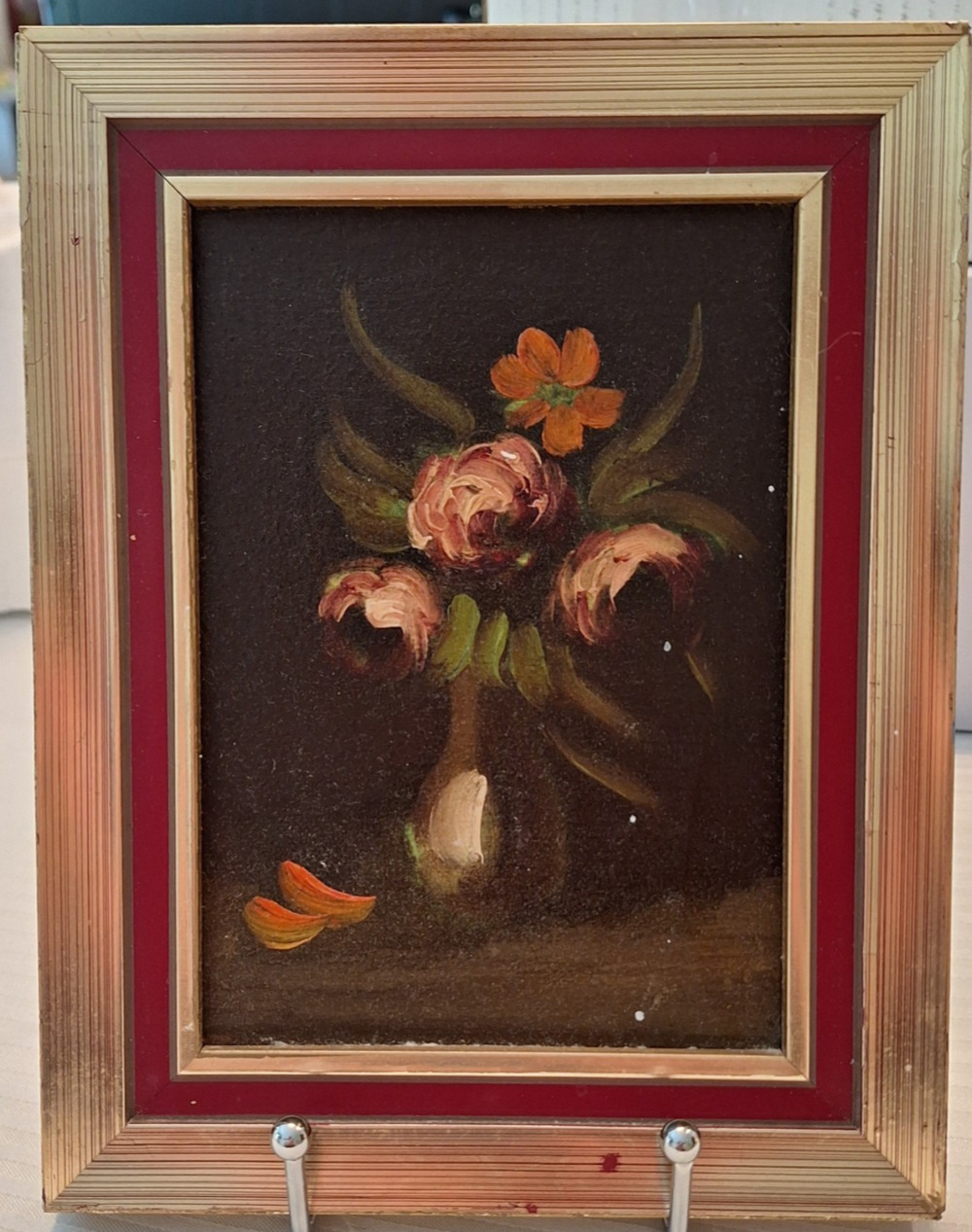 Vintage Spanish Miniature Oil Painting Floral Still life Flowers Gold Red Frame